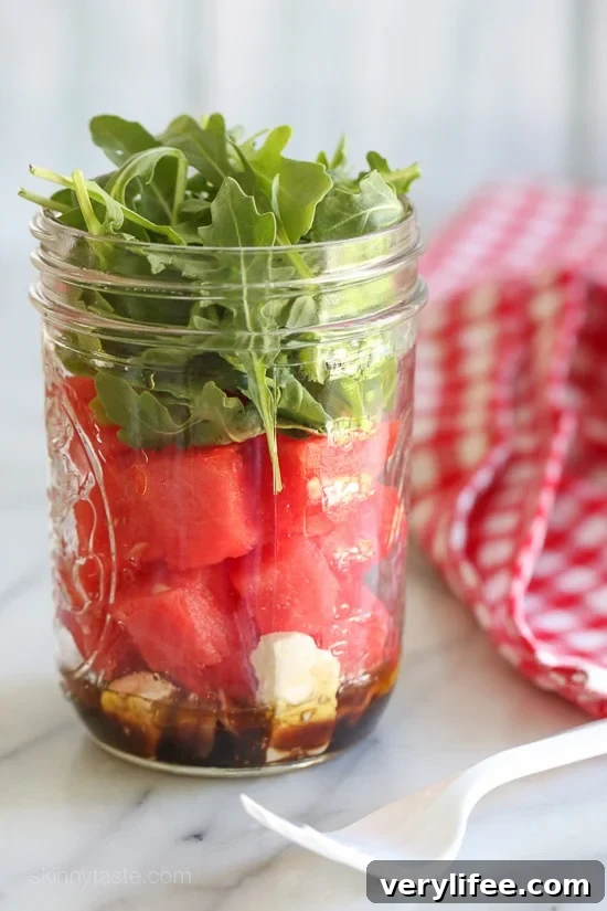 One of my favorite summer salad combinations is watermelon with feta, balsamic, red onion and arugula. It's so refreshing and light, and perfect to make in jars to take to the beach or park (I keep them chilled in cooler).