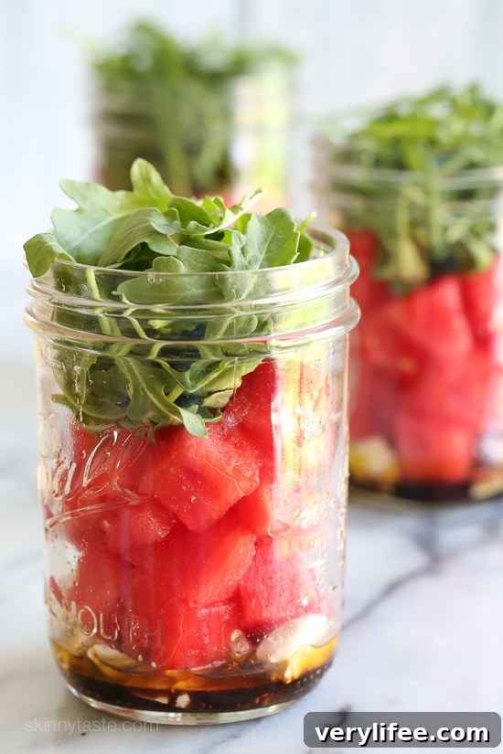 One of my favorite summer salad combinations is watermelon with feta, balsamic, red onion and arugula. It's so refreshing and light, and perfect to make in jars to take to the beach or park (I keep them chilled in cooler).