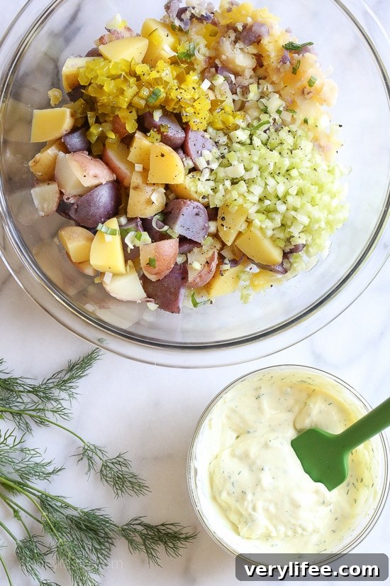 Rainbow potato salad in a bowl
