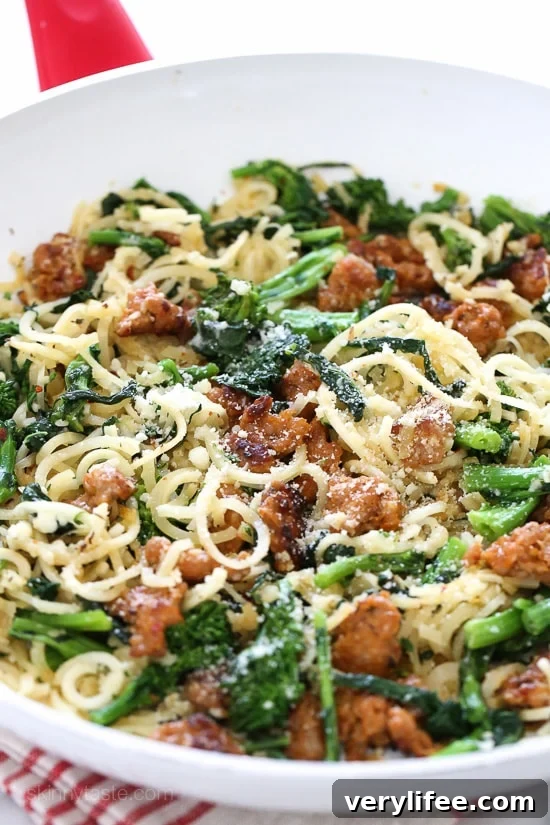 Spiralized Parsnip Pasta with Sausage and Broccoli Rabe 2 Broccoli rabe and spicy sausage with spiralized parsnip noodles — a hearty, vegetable-forward twist on pasta.