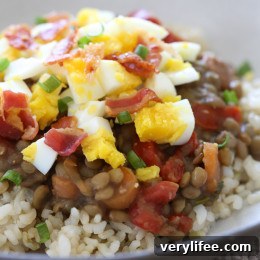 Lentil Rice Bowls with Eggs and Bacon