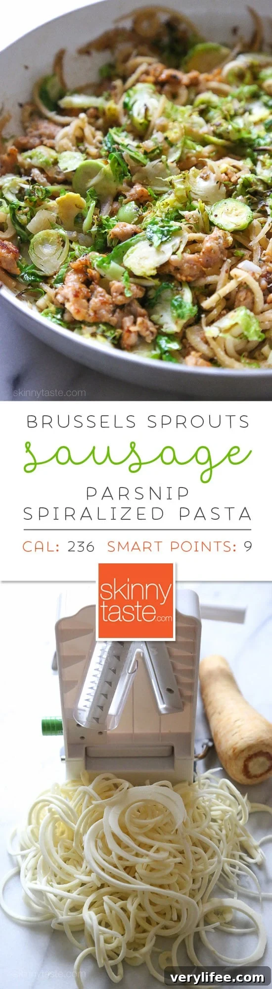 Spiralized Parsnip Pasta with Sausage and Brussels Sprouts 2 Spiralized parsnips make a wonderful pasta replacement in this satisfying, spicy Autumn dish made with brussels sprouts and spicy chicken sausage.