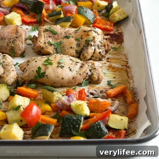Italian Sheet Pan Boneless Chicken Thighs with Roasted Veggies 3 Assemble this super easy chicken and vegetable dinner on a sheet pan and pop it into your oven for a delicious, fuss-free meal. For easy clean-up, line your sheet pan with foil or parchment.