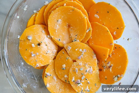 Creamy Butternut Squash Gratin with Parmesan and Thyme 3 Gratins are usually loaded with butter and cream, this lightened version is healthier and flavorful, you won't miss all the cream! A perfect side dish for Turkey or Roasted Chicken.
