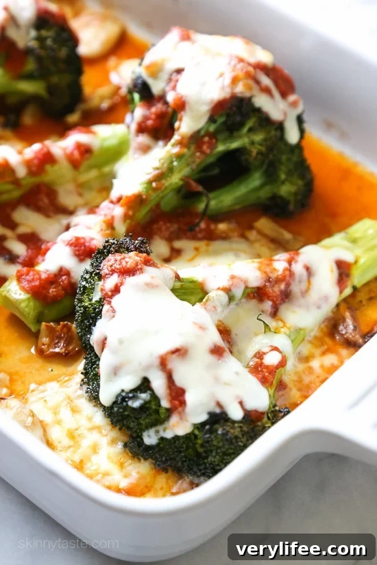 Roasted Broccoli Parmesan topped with marinara and melted mozzarella