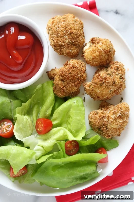 Oven-Baked Cauliflower Nuggets with Garlic-Parmesan Dip 2 These delicious breaded cauliflower florets are baked in the oven with a parmesan-crumb crust, they remind me of my Moms fried cauliflower I used to love as a kid – without all the frying!