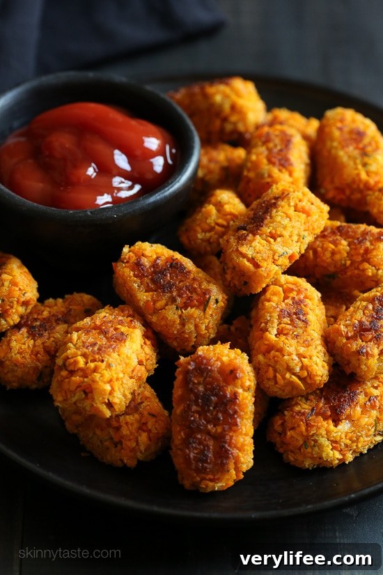 Crispy Sweet Potato and Carrot Tots 3 A healthier alternative to tater tots, and a great way to sneak orange-colored vegetables into your kids meals which are high in vitamin C and beta-carotene.