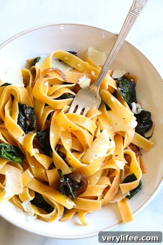 I always have eggs, pasta and some type of greens on hand; for this fettuccini dish I used Swiss chard but spinach, escarole or kale would also work.