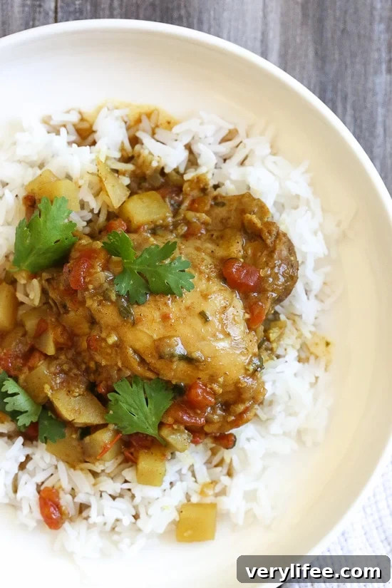 Chicken, garam masala, cumin and curry spices are simmered with potatoes and coconut milk to give this dish an aromatic flavor you'll really enjoy. Serve this over basmati rice for a complete meal (also great with naan or cauliflower rice to keep the carbs low).
