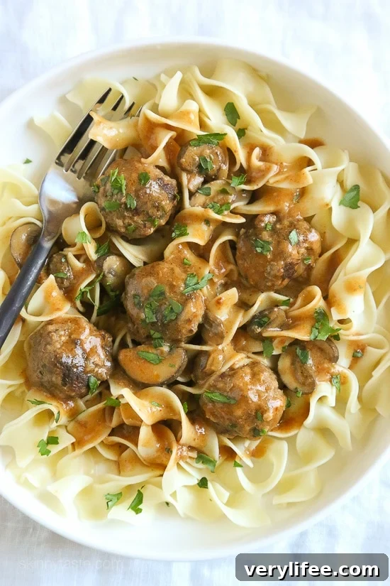 Delicious, turkey meatballs in a creamy mushroom sauce. A family-friendly dish that is so good over egg noodles or serve them over spiralized butternut squash noodles if you want to lower the carbs.