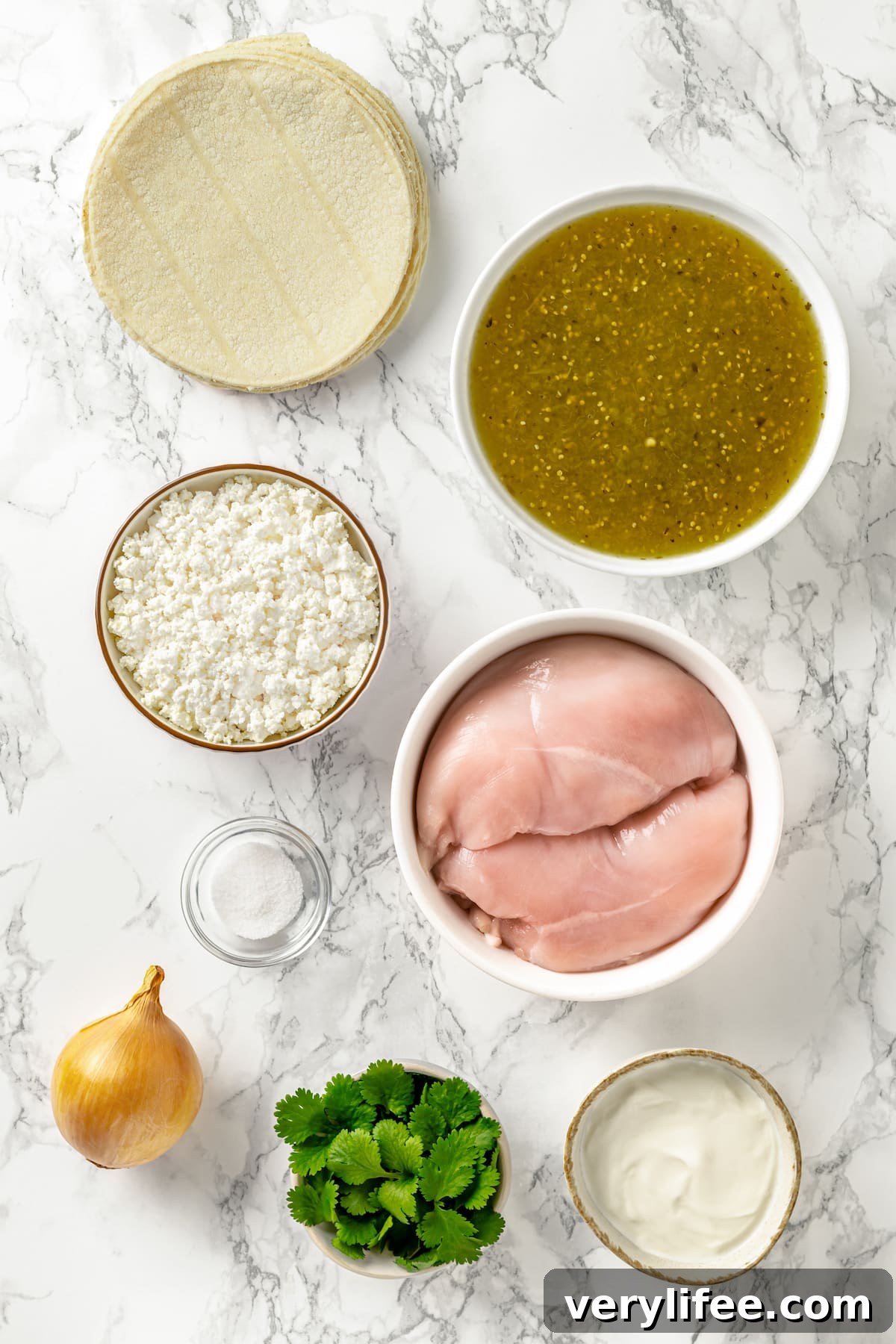 Overhead view of ingredients needed to make enchiladas verdes