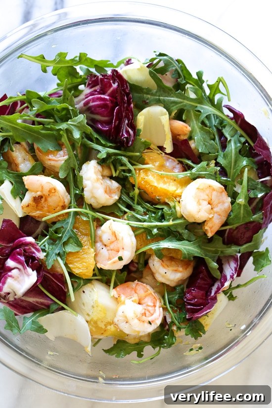 Grilled Shrimp Salad with Orange, Endive, Baby Arugula and Radicchio