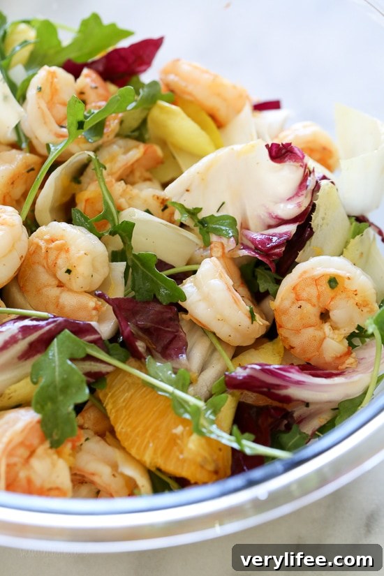Grilled Shrimp Salad with Orange, Endive, Baby Arugula and Radicchio