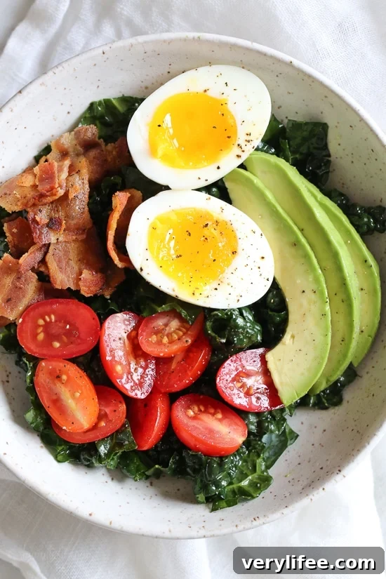 Breakfast BLT Salad Recipe: Bacon, Tomato and Lettuce 4 Close-up of Breakfast BLT Salad with soft boiled eggs and bacon
