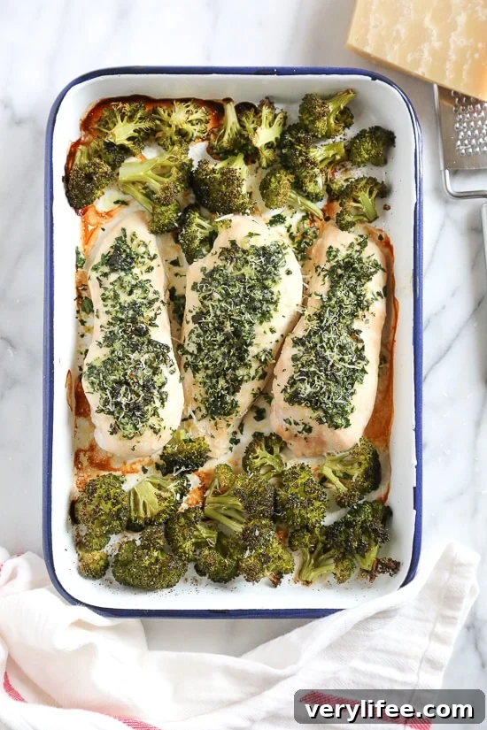 One-Pan Parmesan-Crusted Chicken and Broccoli Skillet 5 One Pan Parmesan-Crusted Chicken with Broccoli is so easy and tasty – and the best part, made all on one sheet pan which means easy clean up!
