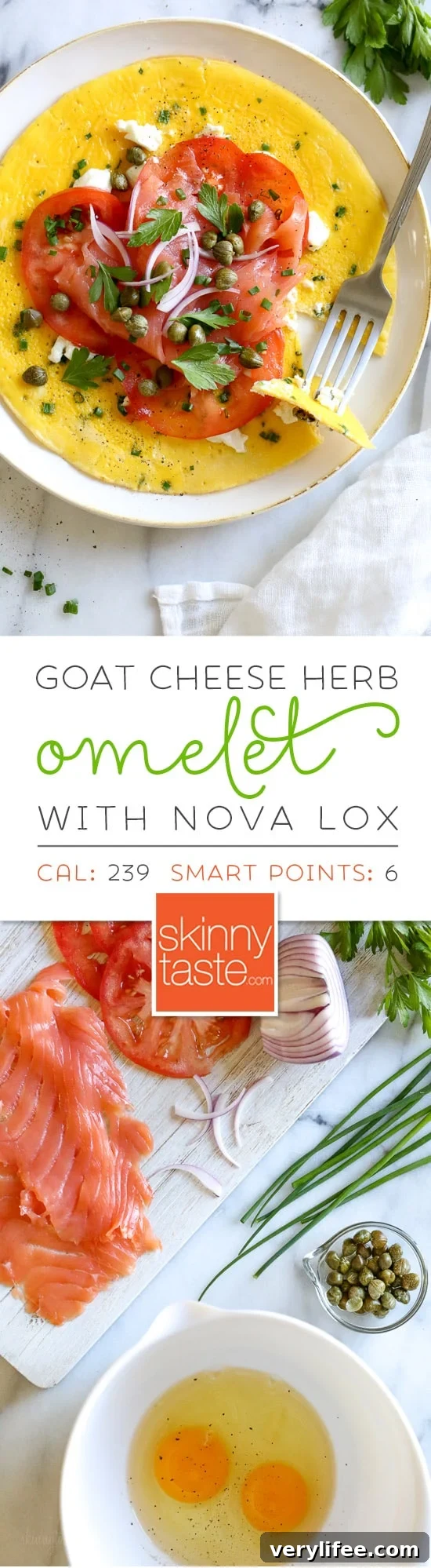 Nova Lox Omelet with Goat Cheese and Fresh Herbs 2 This Goat Cheese Herb Omelet topped with Nova Lox, sliced tomatoes and capers satisfies my bagel-and-lox craving, without the bagel! SO quick, takes about 5 minutes to make!