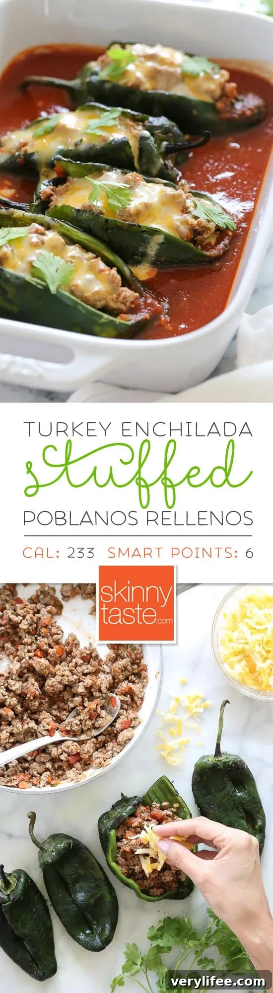 Turkey Enchilada-Stuffed Poblano Peppers 2 These baked Turkey Enchilada Stuffed Poblanos Rellenos are stuffed with a flavorful ground turkey filling, topped with my homemade enchilada sauce and cheese.