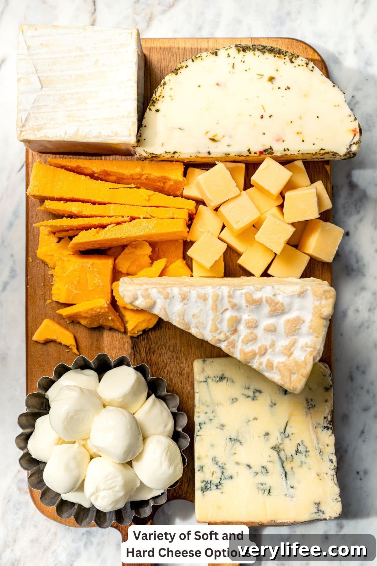 Variety of cheeses for charcuterie board.