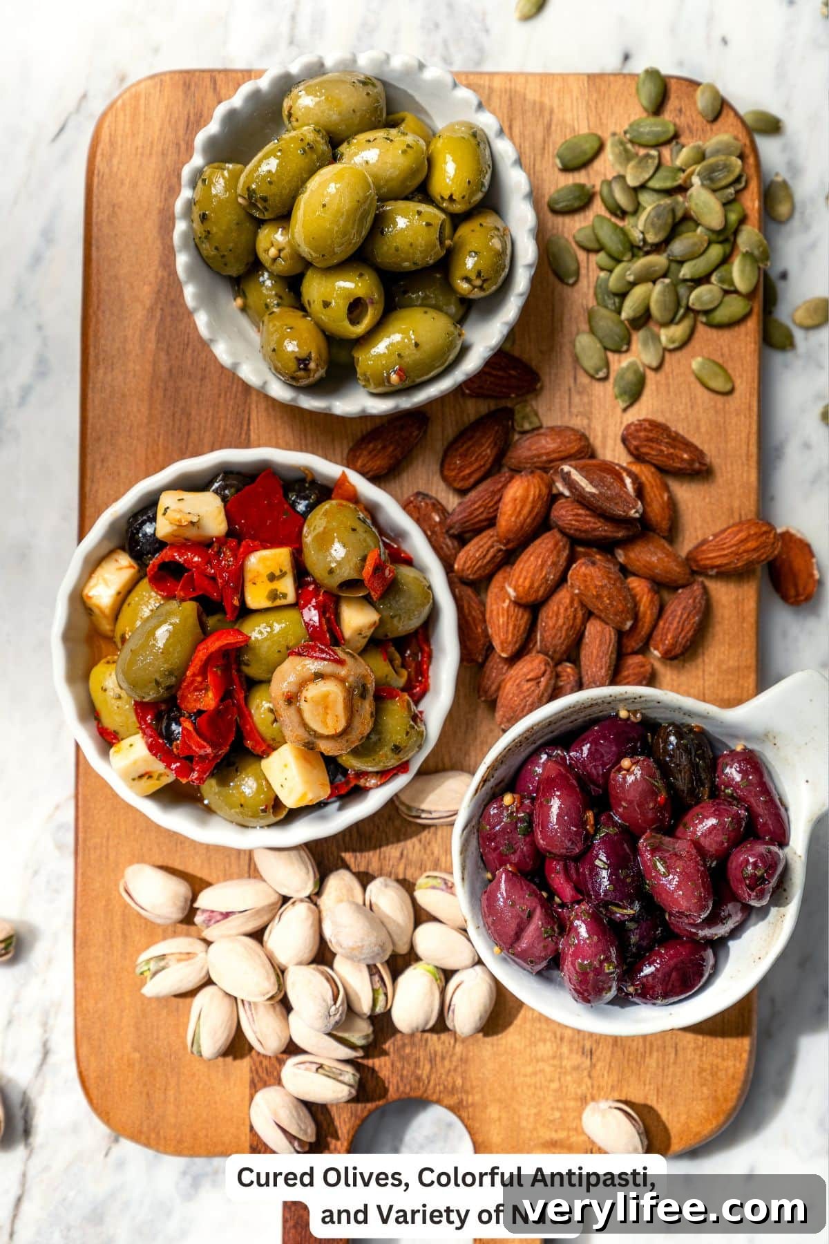 Olives and nuts for charcuterie board.