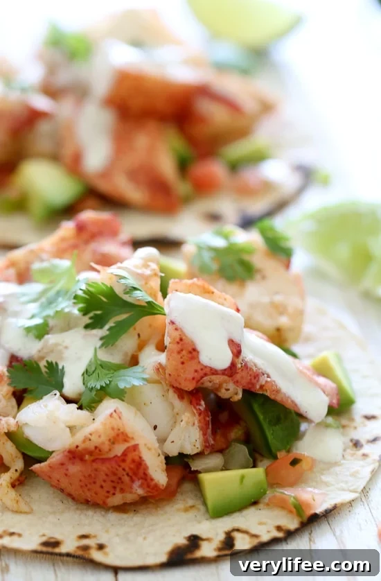 Close-up of lobster tacos with poblano crema