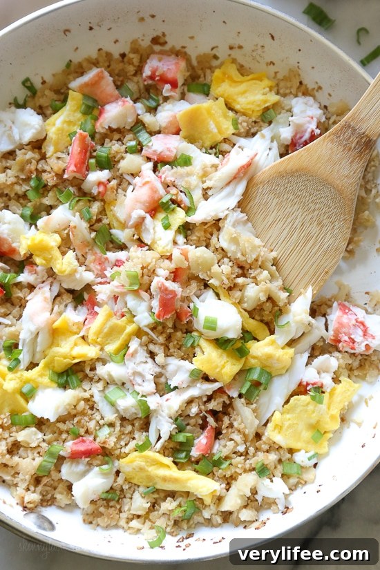 Close-up of King Crab cauliflower fried rice