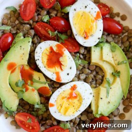 Cholula Lentil Bowl Recipe with Avocado and Eggs 5 Lentil bowl ready to eat with avocado and eggs