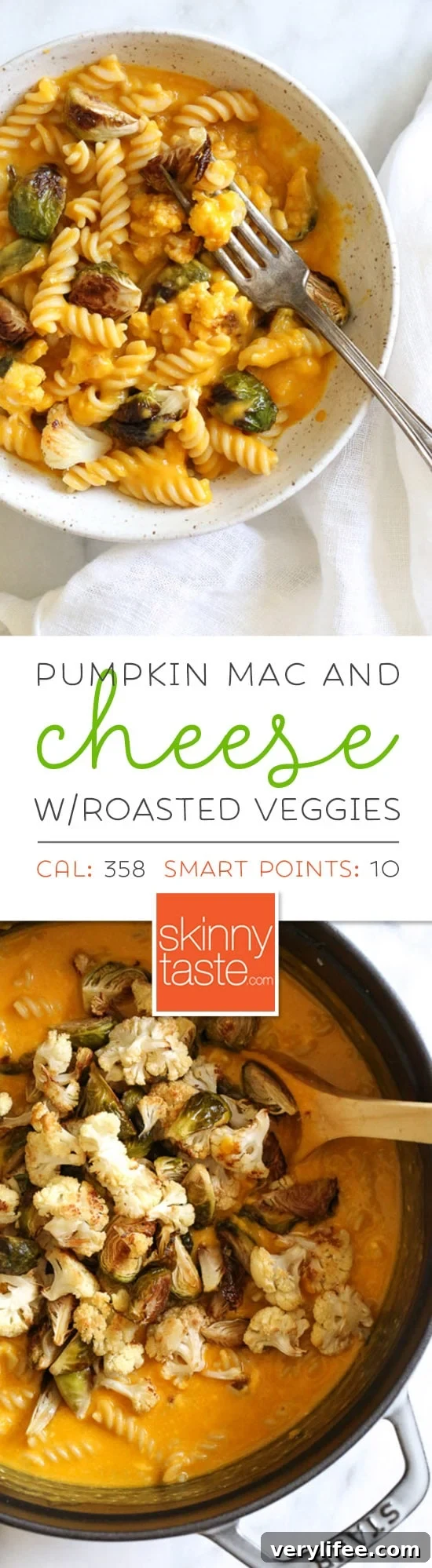 Creamy Pumpkin Mac and Cheese with Roasted Vegetables 2 Pumpkin Mac and Cheese with Roasted Cauliflower and Brussels Sprouts is a must for the Fall! Using pumpkin puree makes a creamy light cheese sauce, without having to add cream or too much cheese. You can make your own pumpkin puree or use organic canned pumpkin to make it faster!