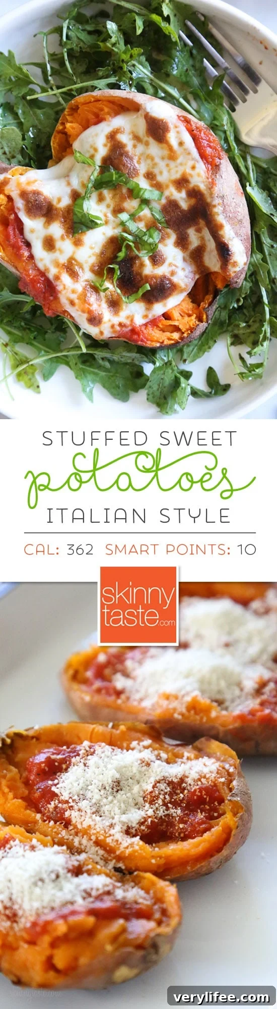 Italian-Style Stuffed Sweet Potatoes with Mozzarella and Basil 2 These savory stuffed sweet potatoes are topped with Italian flavors such as marinara sauce and cheese. A quick and easy healthy vegetarian dish. #sweetpotatoes #vegetarian #stuffedsweetpotatoes #glutenfree