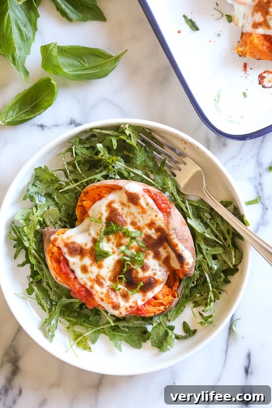 Italian-Style Stuffed Sweet Potatoes with Mozzarella and Basil 5 Stuffed sweet potato with marinara and melted mozzarella.