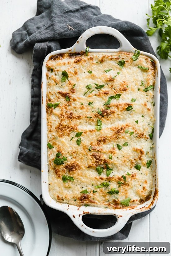 Baked Portobello Shepherd’s Pie, golden on top