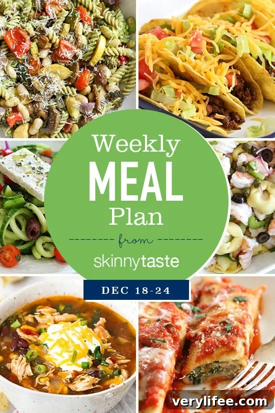 A detailed, thorough 7-day Skinnytaste meal plan that includes breakfast, lunch and dinner for the entire week, and an organized grocery list that will make grocery shopping so much easier and much less stressful.