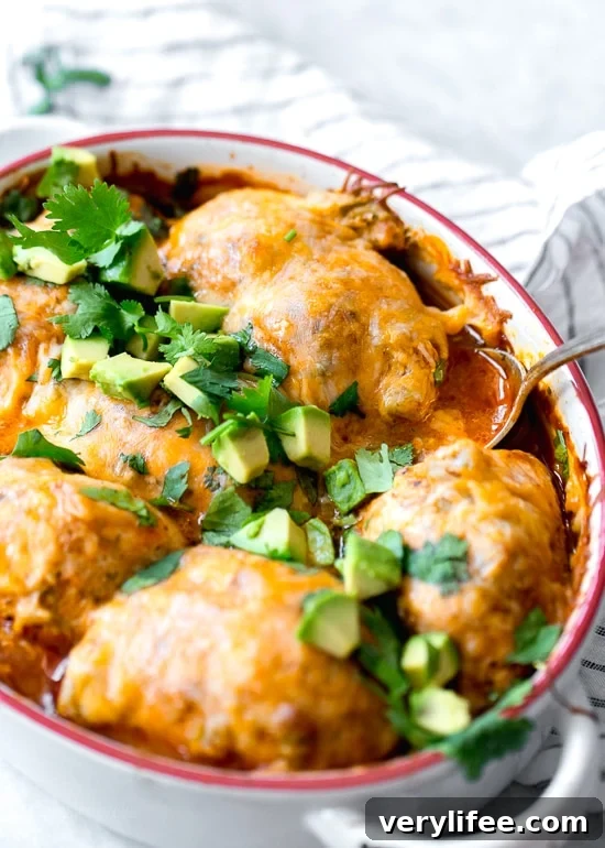 Chicken breasts on their own can be a bit boring. Roll ‘em up with cheese and green chilis, smother them in enchilada sauce and more cheese and now you’re talking. These Roll-Ups give you authentic enchilada flavor without all the work, calories or fat. And you won’t even miss the tortillas!