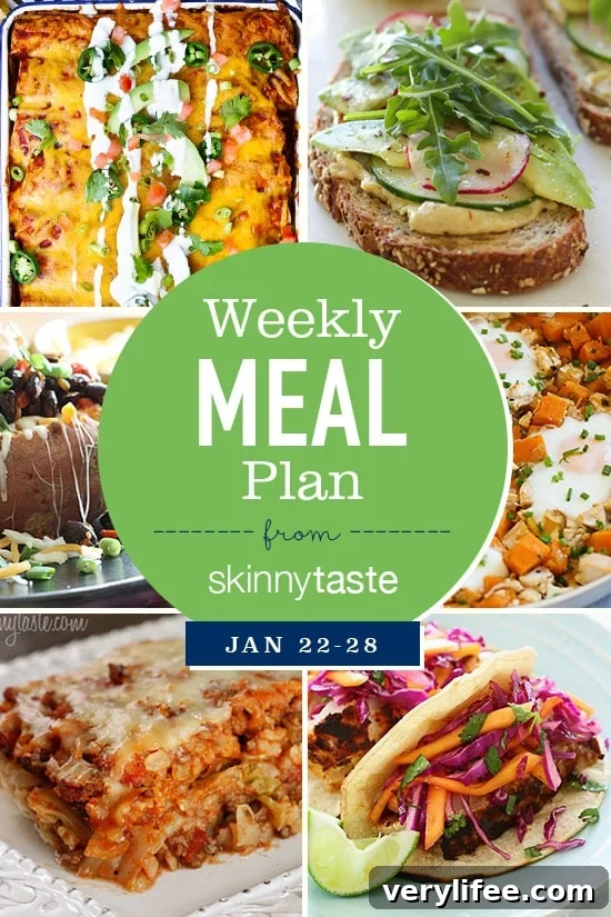 Skinnytaste Weekly Meal Plan Jan 22-28 2 A free 7-day flexible meal plan including breakfast, lunch and dinner and a shopping list. All recipes include calories and Weight Watchers Freestyle Smart Points.