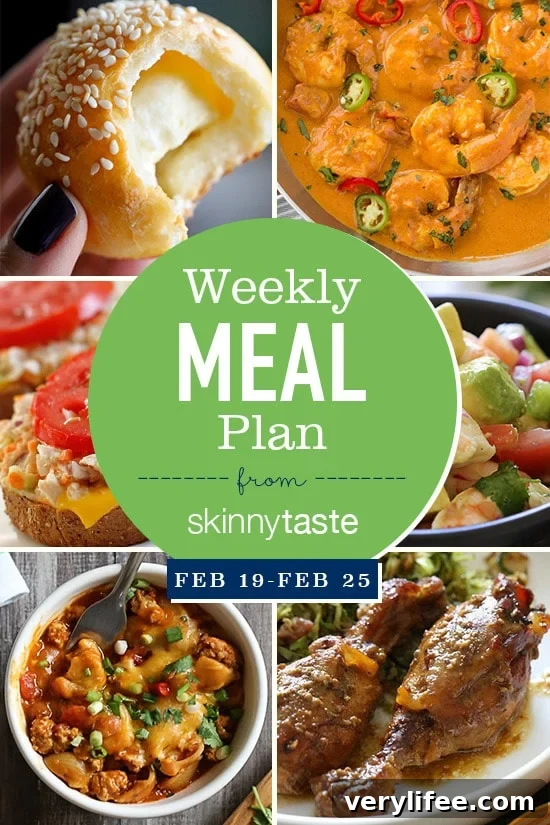 Skinnytaste Weekly Meal Plan: Feb 19–25 2 A free 7-day flexible meal plan including breakfast, lunch and dinner and a shopping list. All recipes include calories and Weight Watchers Freestyle Smart Points.