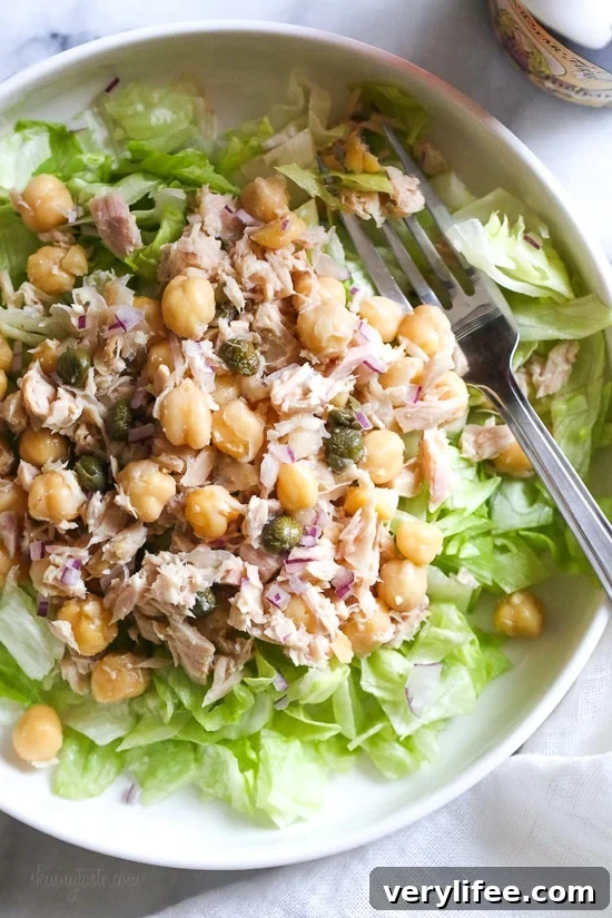Protein-Packed Chickpea Tuna Salad Recipe 2 Chickpea Tuna Salad with capers is perfect for lunch! Quick and easy for meal prep! Healthy and filling, this mayo-less Tuna Salad is loaded with protein and Omega 3s and tastes even better the next day.