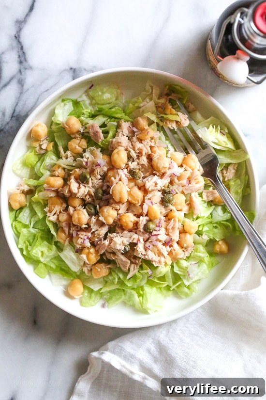 Protein-Packed Chickpea Tuna Salad Recipe 5 Chickpea Tuna Salad with capers is perfect for lunch! Quick and easy for meal prep! Healthy and filling, this mayo-less Tuna Salad is loaded with protein and Omega 3s and tastes even better the next day.