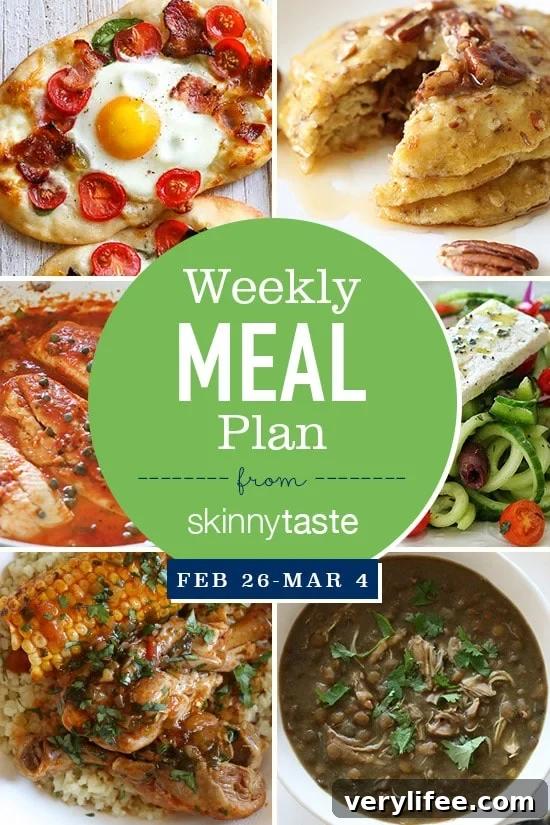 Skinnytaste Weekly Meal Plan: Feb 26–Mar 4 2 A free 7-day flexible meal plan including breakfast, lunch and dinner and a shopping list. All recipes include calories and Weight Watchers Freestyle Smart Points.