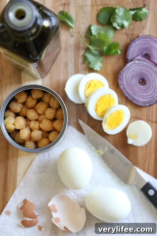 Close up of chickpea egg salad ingredients.
