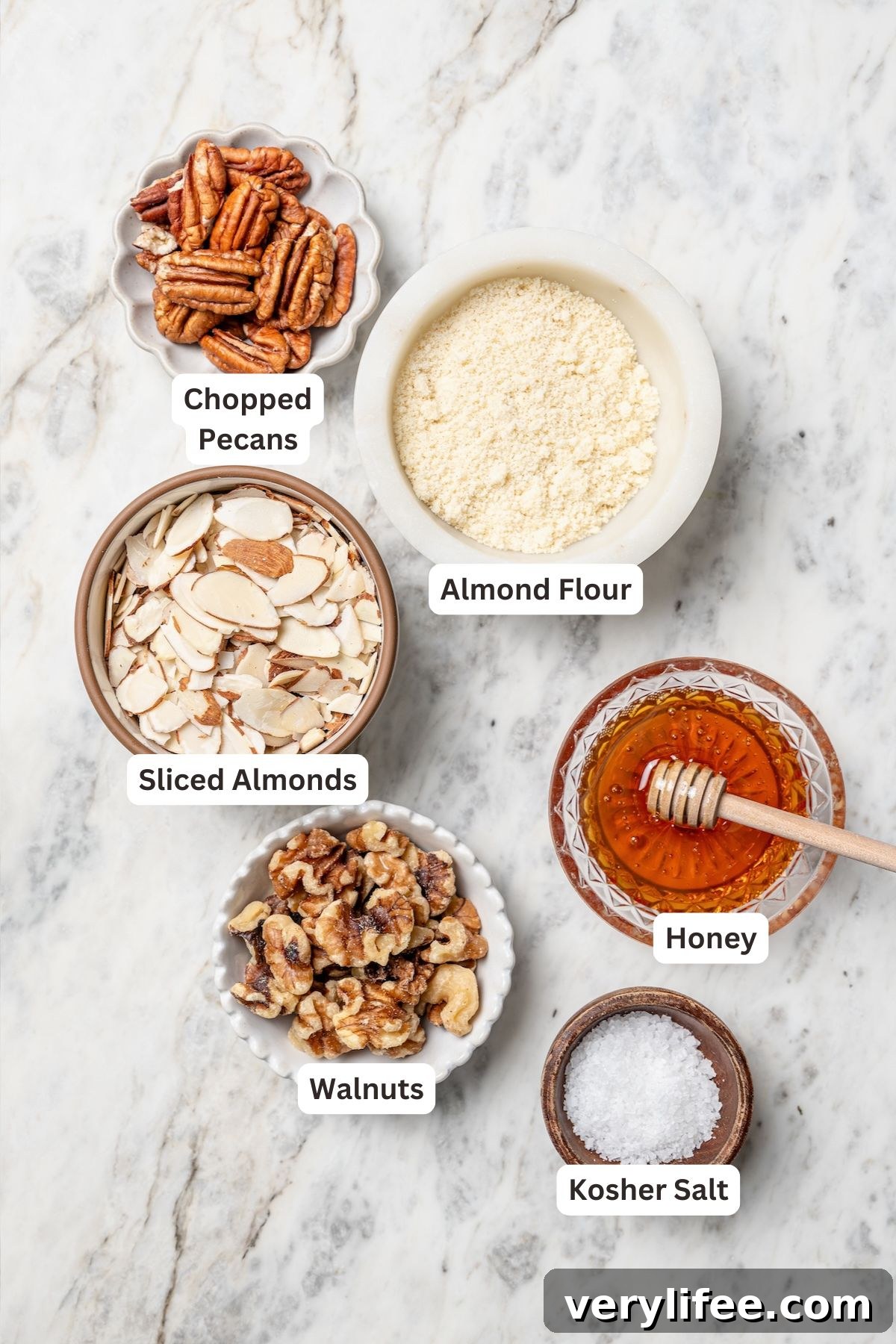 Homemade Strawberry Crisp Recipe with Oat Streusel 4 Overhead view of nut topping ingredients for strawberry crisp