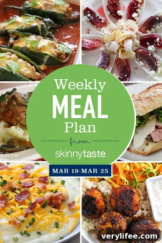 Skinnytaste Weekly Meal Plan & Recipes: March 19-25 2 A free 7-day flexible meal plan including breakfast, lunch and dinner and a shopping list. All recipes include calories and Weight Watchers Freestyle Smart Points.