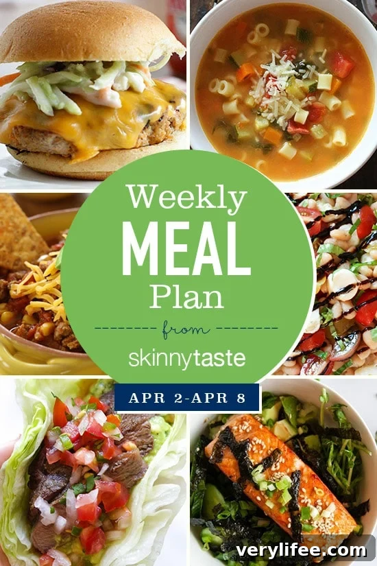 Skinnytaste Weekly Meal Plan: April 2-8 2 A free 7-day flexible meal plan including breakfast, lunch and dinner and a shopping list. All recipes include calories and Weight Watchers Freestyle Smart Points.