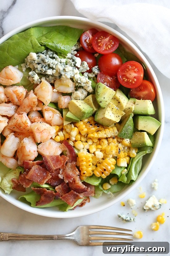Chopped Shrimp Salad with Bacon and Blue Cheese 4 Chopped Salad with Shrimp, Avocado, Blue Cheese and Bacon plated
