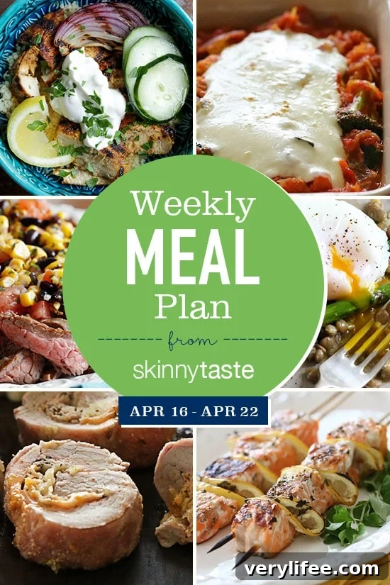 Skinnytaste Weekly Meal Plan: April 16-22 2 A free 7-day flexible meal plan including breakfast, lunch and dinner and a shopping list. All recipes include calories and Weight Watchers Freestyle Smart Points.
