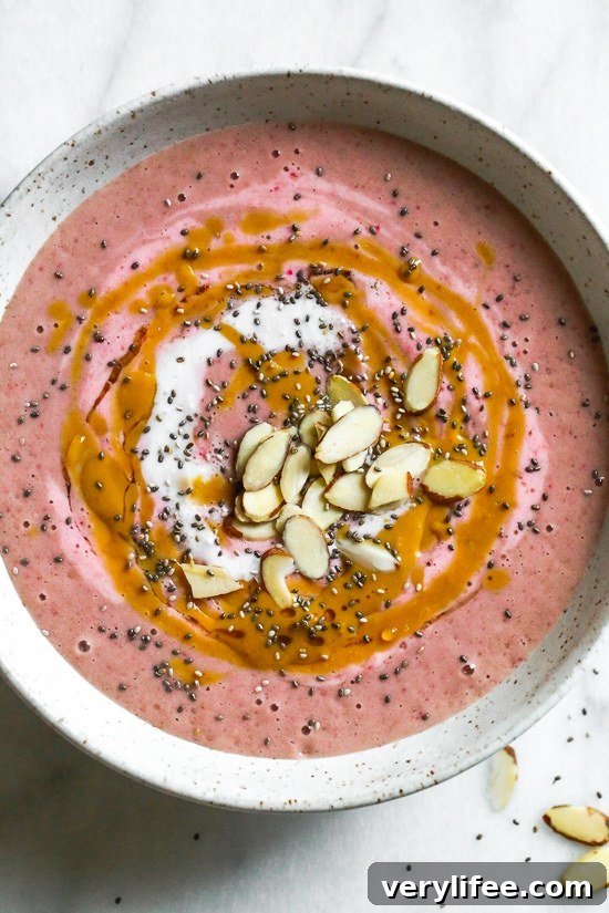 Top view of strawberry peanut butter smoothie bowl