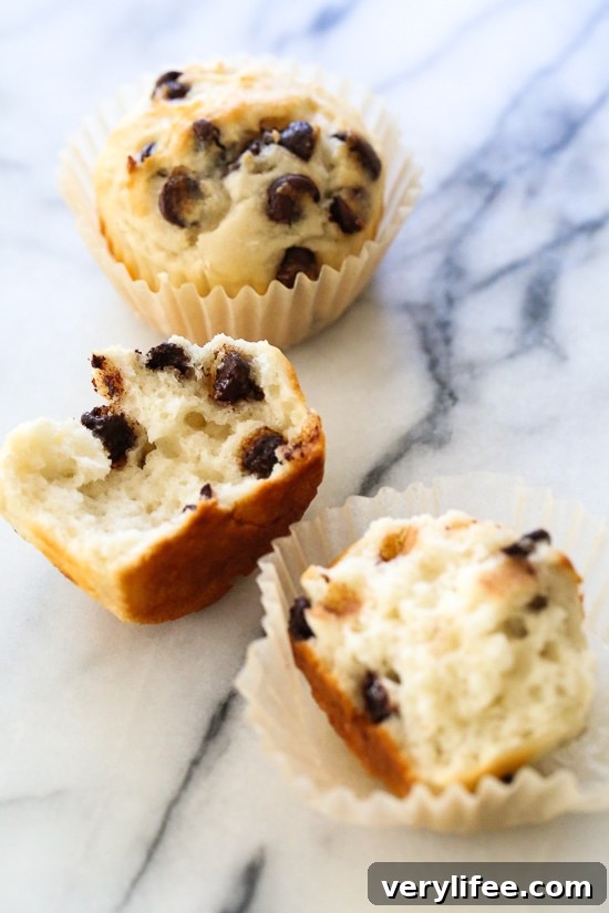 These easy chocolate chip muffins are moist and high in protein thanks to the addition of Greek yogurt. The perfect to make ahead breakfast! Healthy chocolate chip muffins on marble countertop