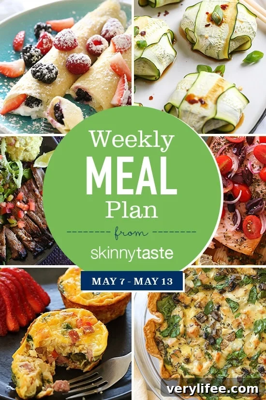 Skinnytaste Weekly Meal Plan and Recipes May 7-13 2 A free 7-day flexible meal plan including breakfast, lunch and dinner and a shopping list. All recipes include calories and Weight Watchers Freestyle Smart Points.