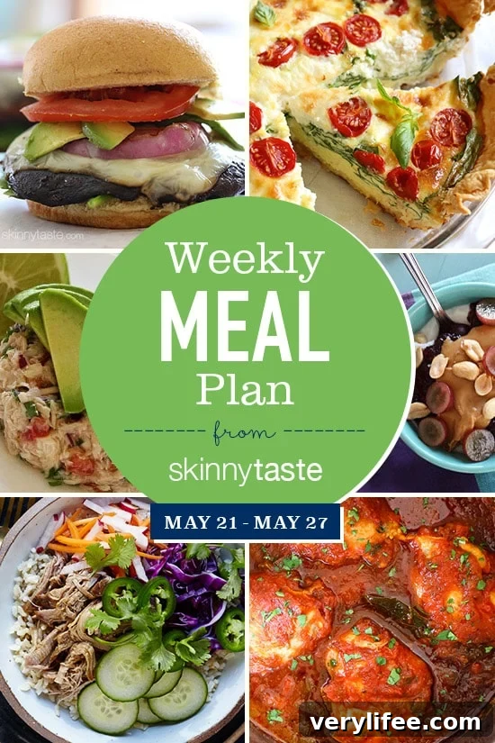 Skinnytaste Weekly Meal Plan and Recipes: May 21 to 27 2 A free 7-day flexible meal plan including breakfast, lunch and dinner and a shopping list. All recipes include calories and Weight Watchers Freestyle Smart Points.
