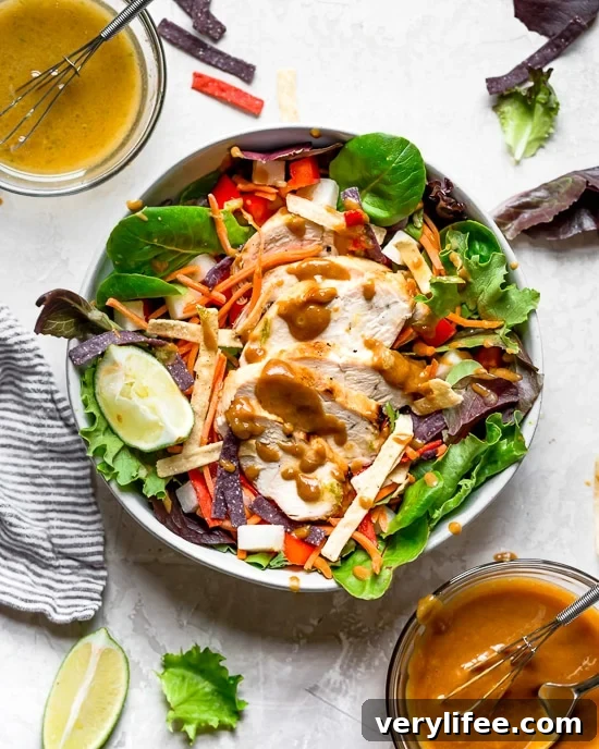 Houston Style Grilled Chicken Salad Recipe 2 Grilled Chicken Salad with greens and vegetables are tossed in a honey-lime vinaigrette and topped with a delicious peanut sauce.