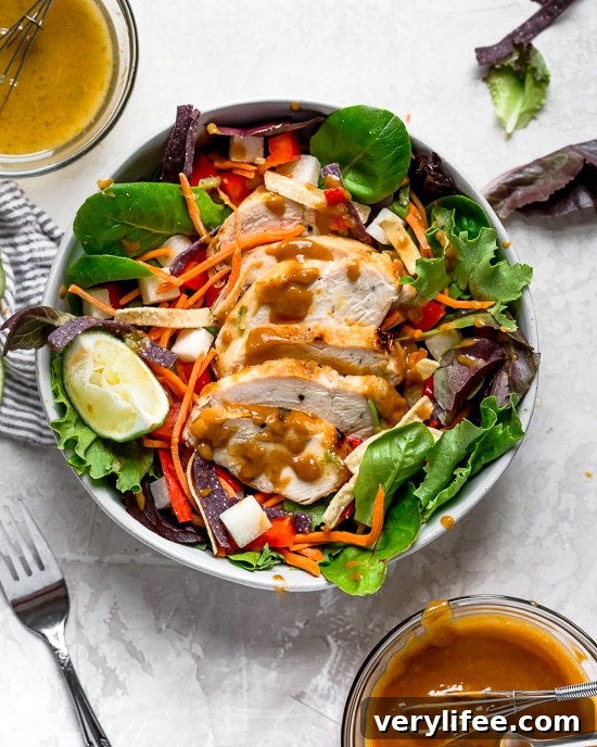 Houston Style Grilled Chicken Salad Recipe 3 Grilled Chicken Salad with greens and vegetables are tossed in a honey-lime vinaigrette and topped with a delicious peanut sauce.