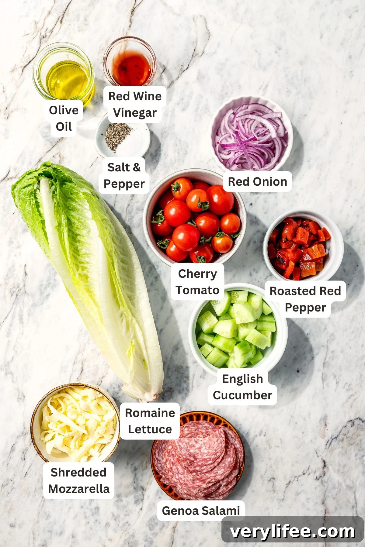 Ingredients for Italian chopped salad with labels.